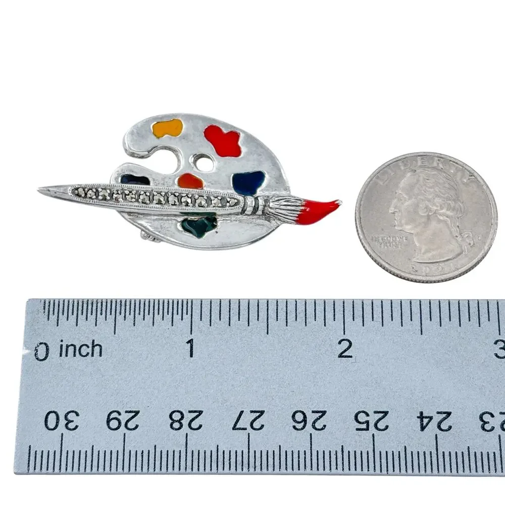 Vintage Sterling Silver 925 Artist Palette Marcasite Brooch
